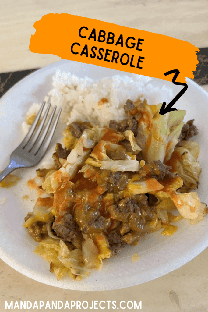 Cabbage casserole with sautéed cabbage, ground beef, onion and extra sharp cheddar cheese, layered and baked until cheese is melted and served with franks red hot sauce.