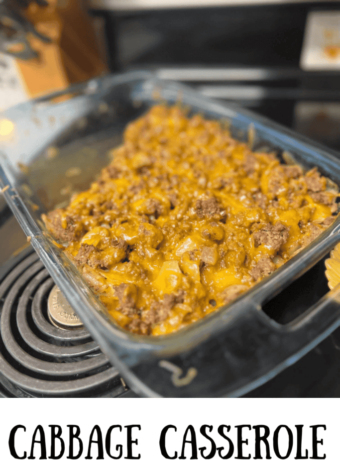 Cabbage casserole with sautéed cabbage, ground beef, onion and extra sharp cheddar cheese, layered and baked until cheese is melted and served with franks red hot sauce.