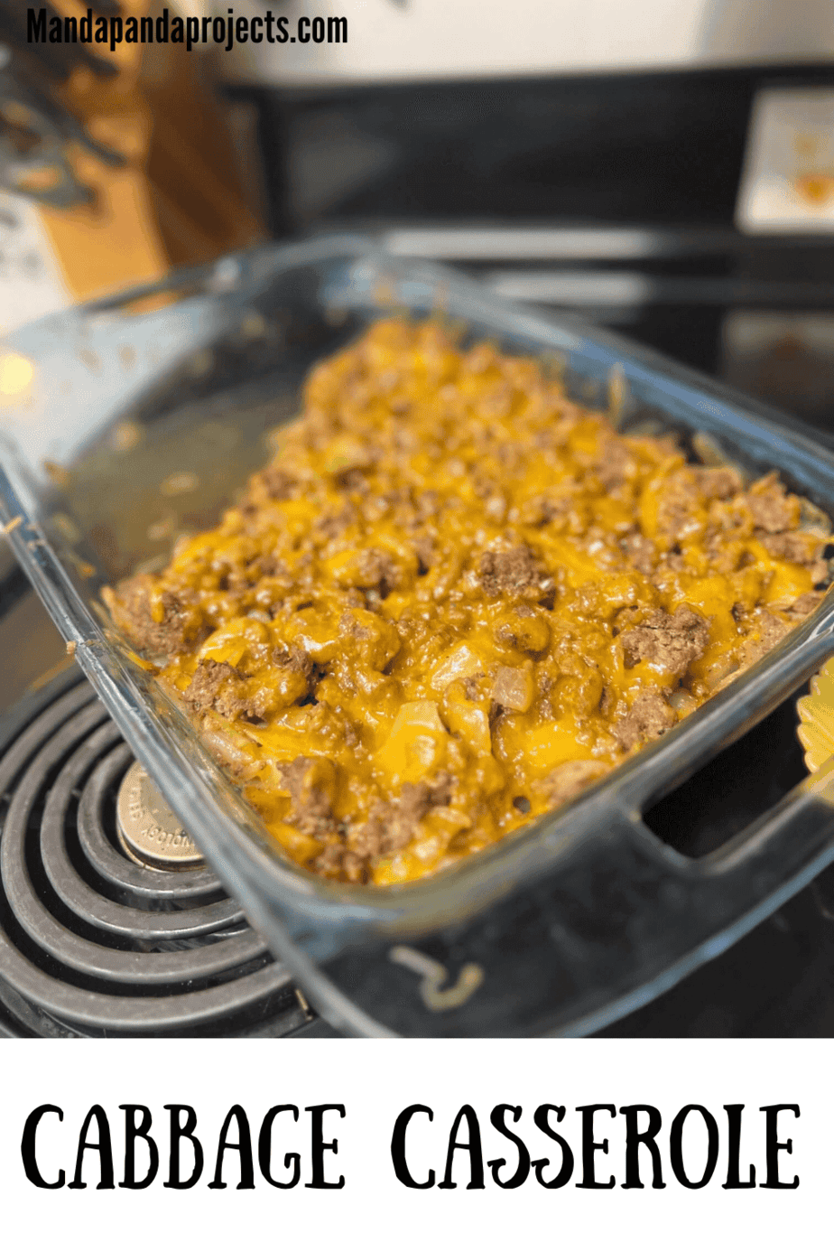 Cabbage casserole with sautéed cabbage, ground beef, onion and extra sharp cheddar cheese, layered and baked until cheese is melted and served with franks red hot sauce.