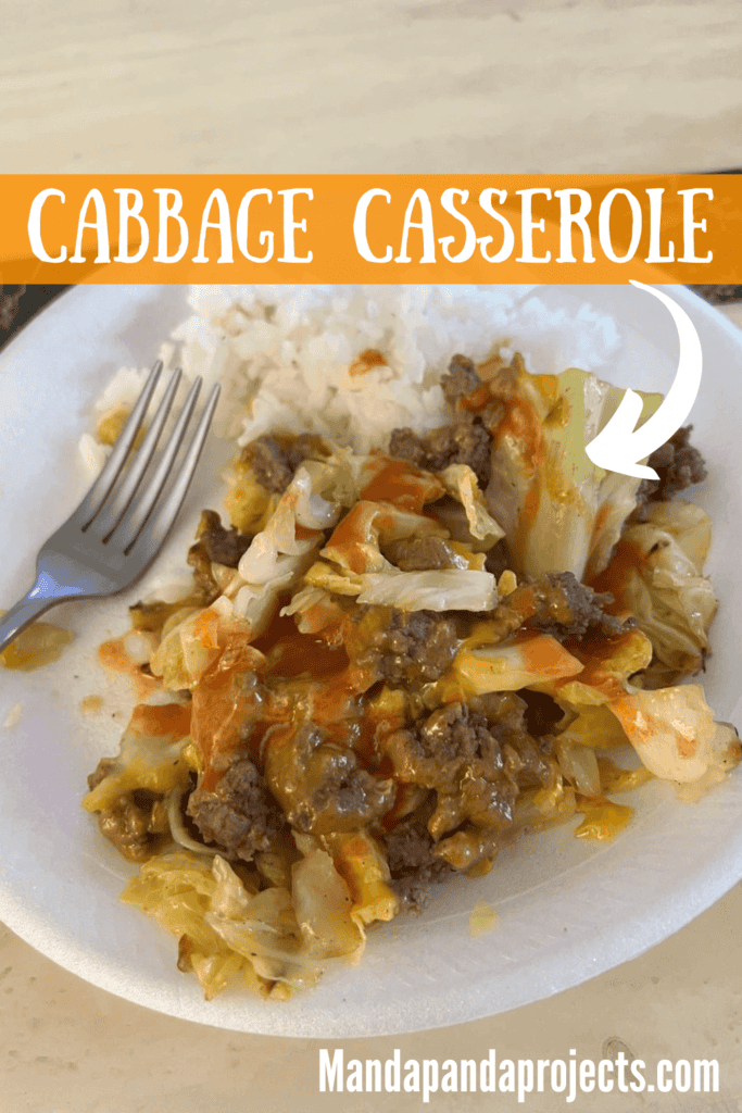 Cabbage casserole with sautéed cabbage, ground beef, onion and extra sharp cheddar cheese, layered and baked until cheese is melted and served with franks red hot sauce.