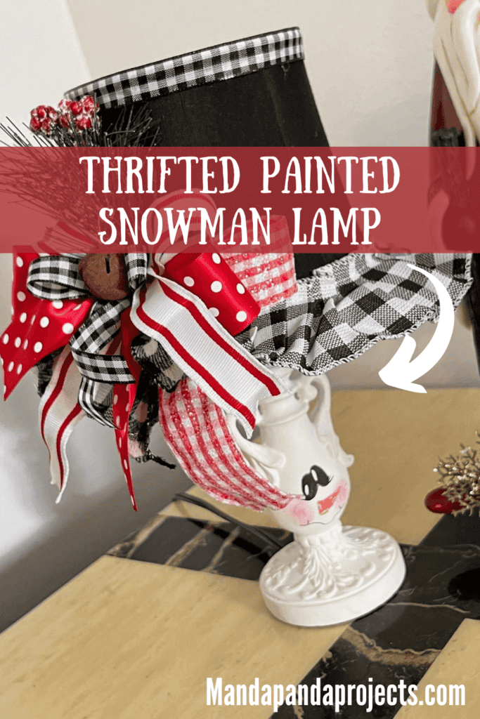 Turn and ordinary thrift store small lamp into adorable and budget friendly Christmas and Winter decor by painting it to look like a snowman. With the lampshade being the "top hat" with a cute red, black, and white bow and a jingle bell, and the lamp body painted like a snowman face. 