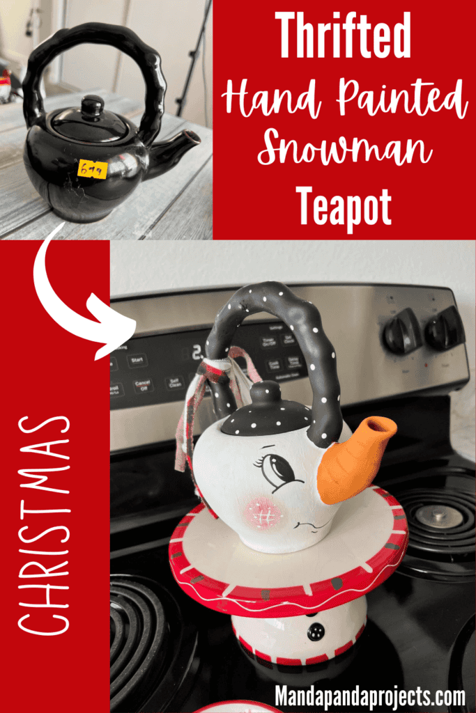 Thrifted Hand painted snowman teapot with the "spout" painted orange as the "carrot" nose, big black eyed, rosy pink cheeks, black and white polka dot handle, and a black, red, and white scrappy fabric bow on the handle.