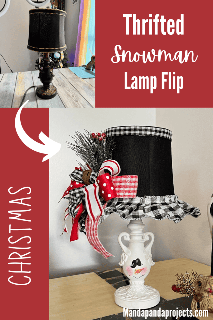 Turn and ordinary thrift store small lamp into adorable and budget friendly Christmas and Winter decor by painting it to look like a snowman. With the lampshade being the "top hat" with a cute red, black, and white bow and a jingle bell, and the lamp body painted like a snowman face. 