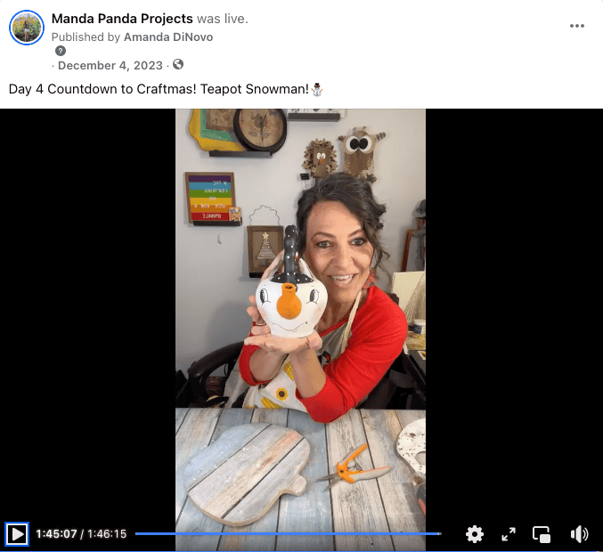 Amanda holding the completed craft on a facebook live thumbnail.