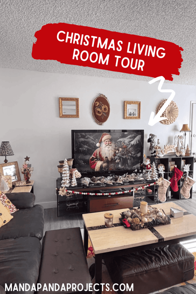 San Diego apartment living room decorated for Christmas in 2024 with vintage gold, white, and and maroon theme with santas, snowmen, christmas trees, Angels, and lots of gold!