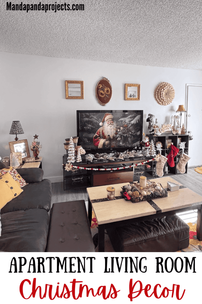 San Diego apartment living room decorated for Christmas in 2024 with vintage gold, white, and and maroon theme with santas, snowmen, christmas trees, Angels, and lots of gold!