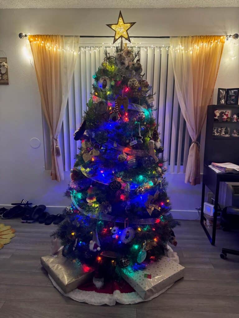 Christmas tree in front of a large picture window at night with lights and presents under the tree.