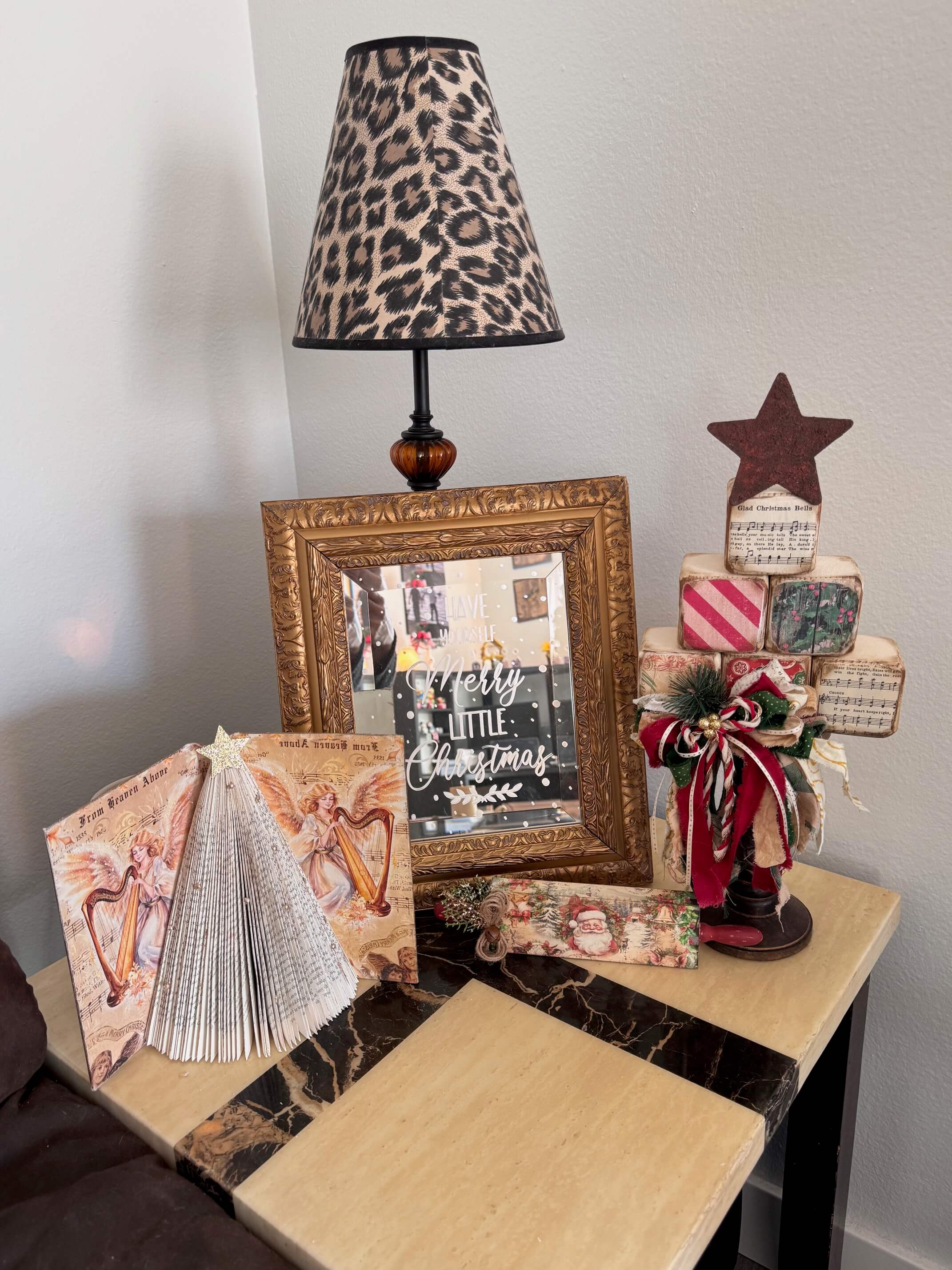 End table decorated with DIY christmas decor made by me.