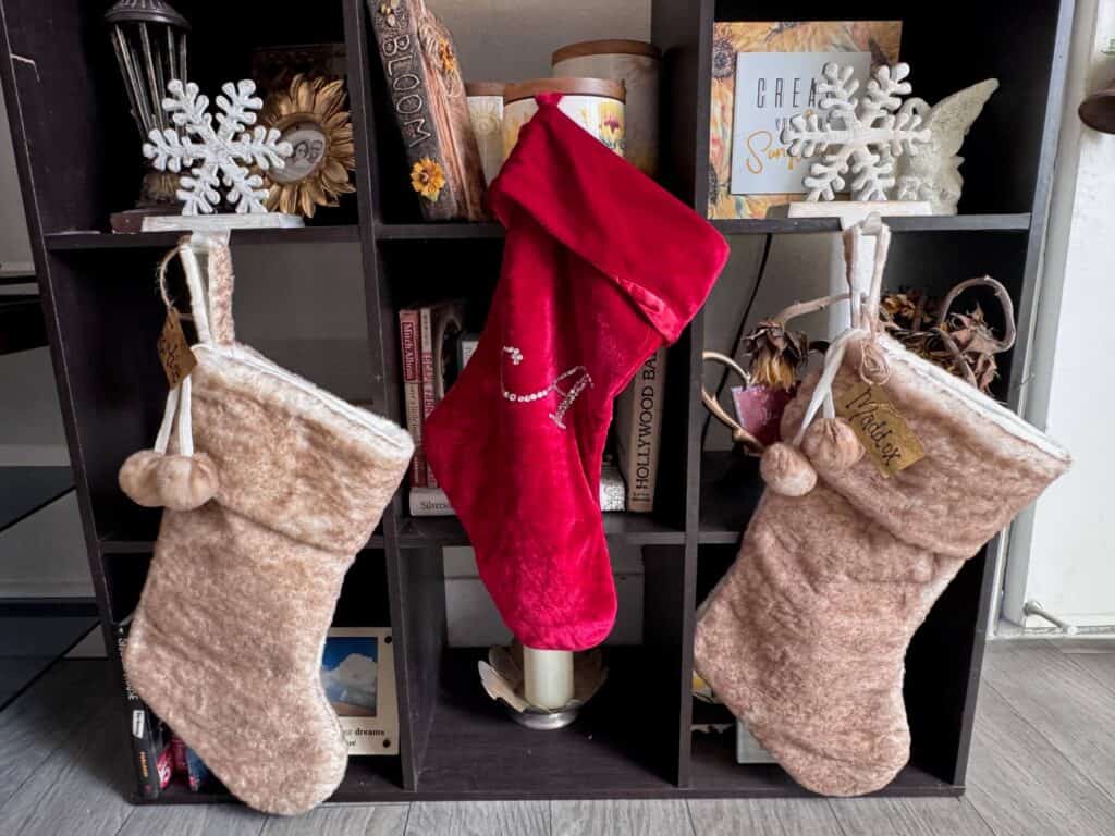 3 stockings hung with a snowflake stocking hanger on a bookcase.