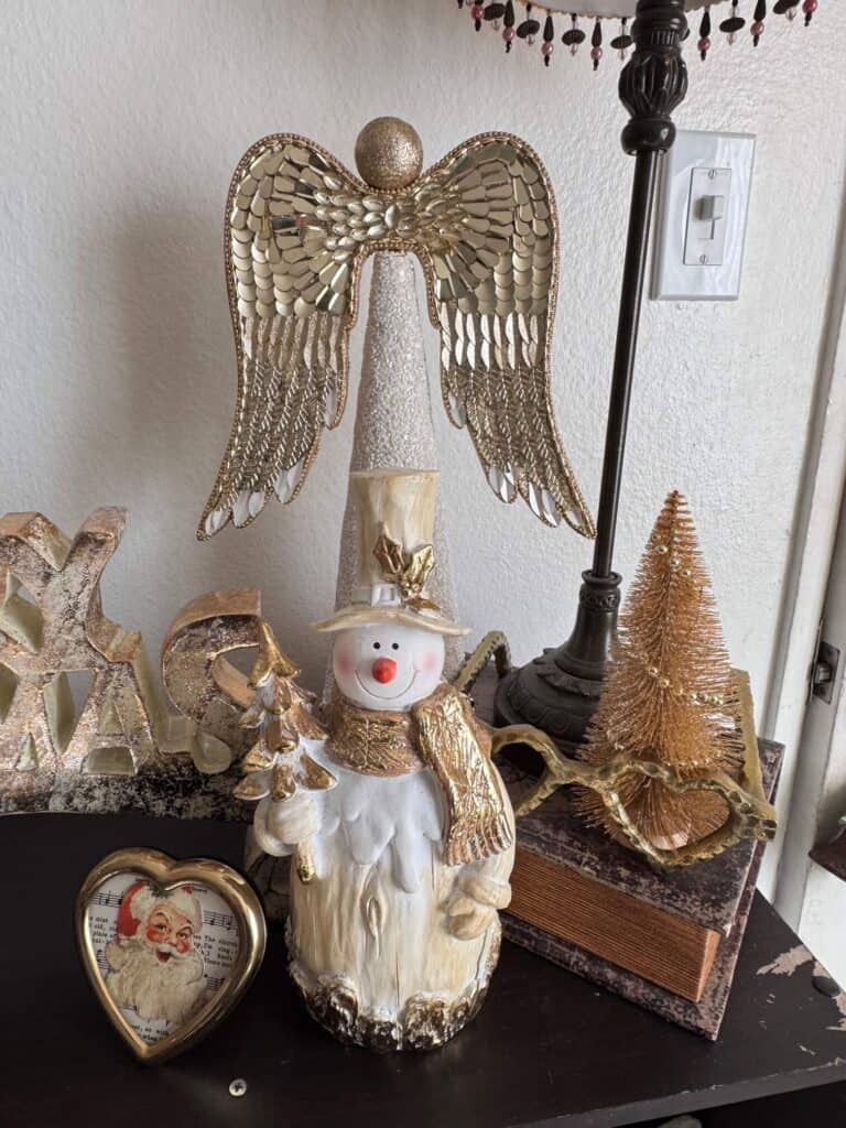 Gold and white Angel and snowman.