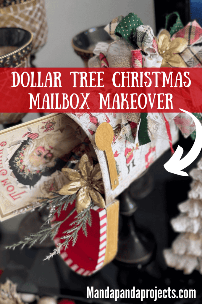 A dollar tree penguin cardboard mailbox that was made over for Christmas with a vintage santa napkin, some gold poinsettias, christmas greenery, and a messy fabric bow on a wood candlestick base for DIY decor. 