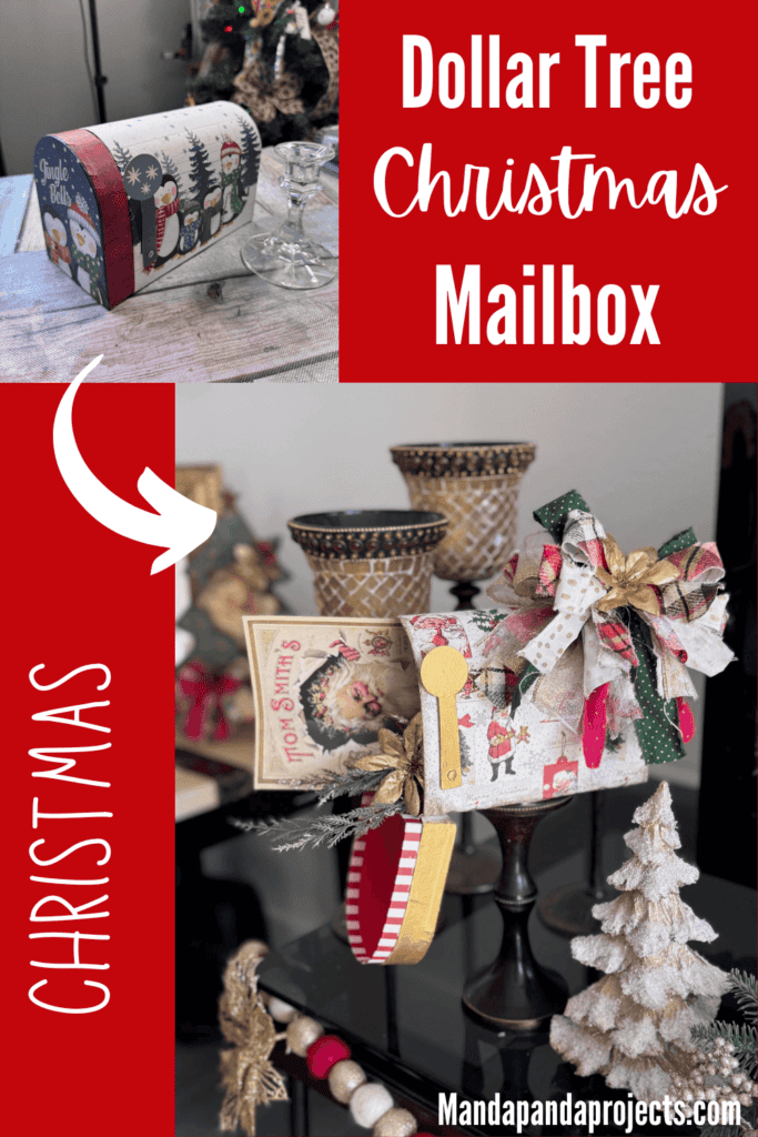 A dollar tree penguin cardboard mailbox that was made over for Christmas with a vintage santa napkin, some gold poinsettias, christmas greenery, and a messy fabric bow on a wood candlestick base for DIY decor. 