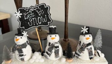 Snowmen Ornament Shelf sitter made with 3 mini felt white snowmen from walmart, on a wood base with a chalkboard sign that says "let it snow", snowballs made with white pom poms, and black and silver bottle brush christmas trees.