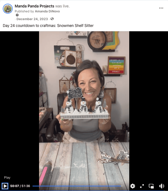 Amanda holding the completed craft in a Facebook Live thumbnail.