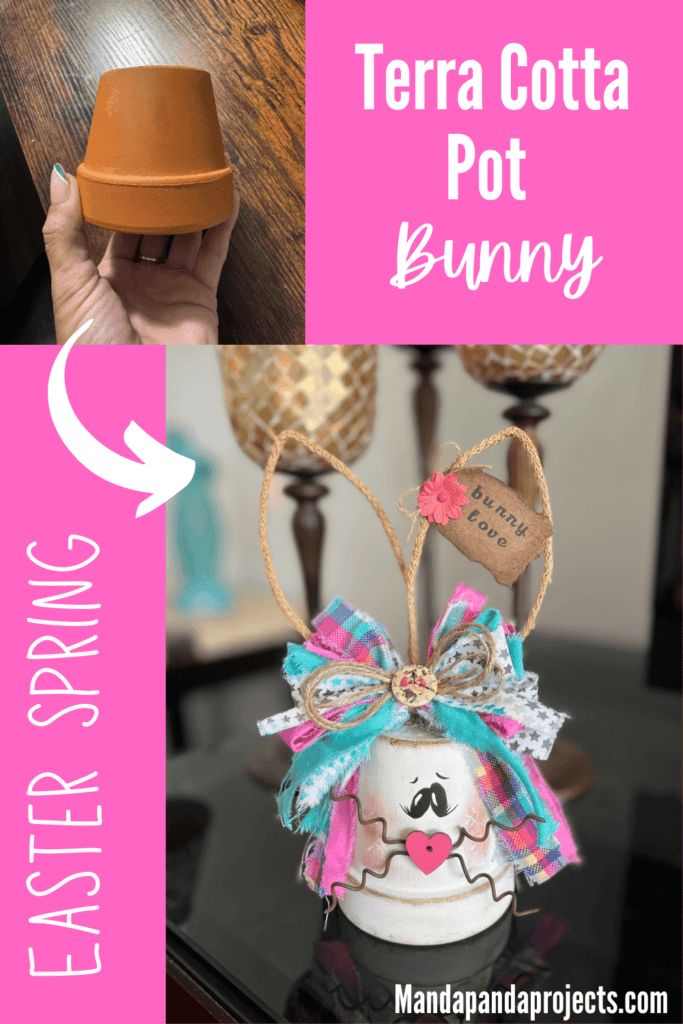 White Terra Cotta Pot Bunny with wired jute ears, a pink, purple, and teal messy fabric bow and a cute tag on her ear that says "bunny love" for spring and easter crafts and decor. 