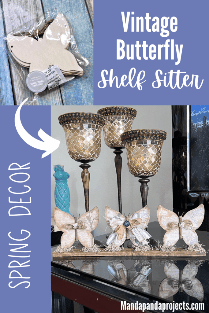 3 Wood Butterfly shelf sitter with a vintage vibe with a spring hangtag and twine and fabric bows, sitting on a base with spanish moss.