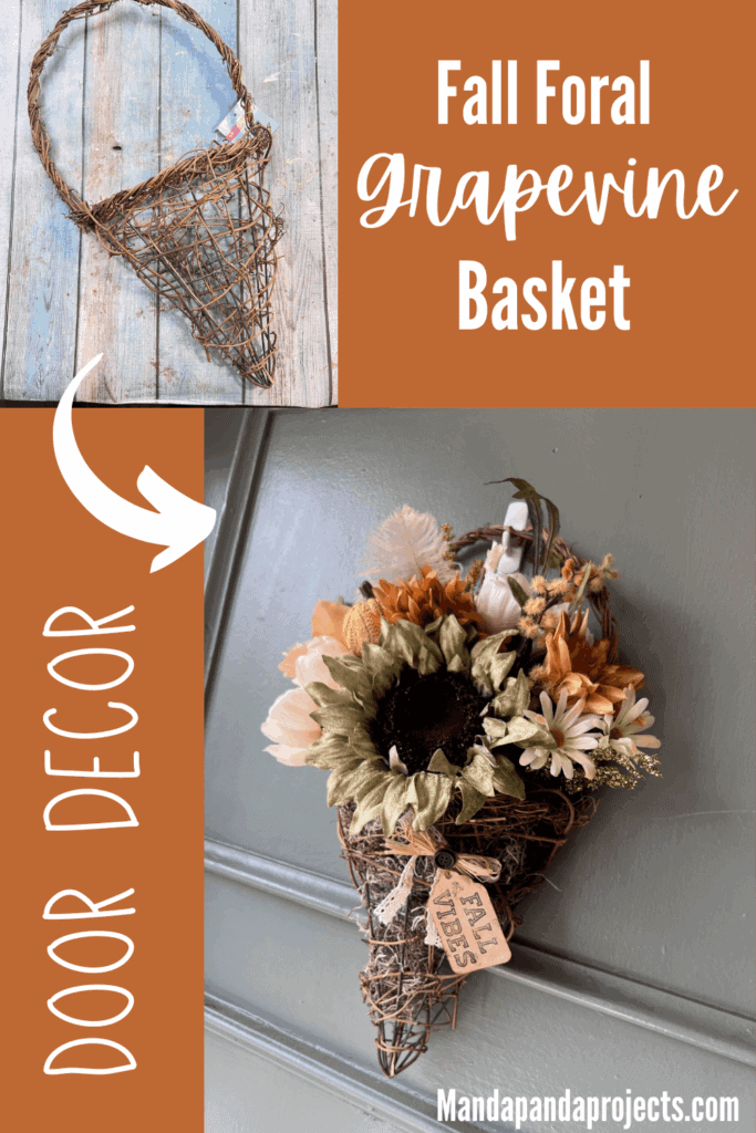 Fall floral grapevine wreath basket door decor hanging on a sage green front door with pretty fall flowers, a sweater pumpkin pick and a hangtag that says "Fall vibes".