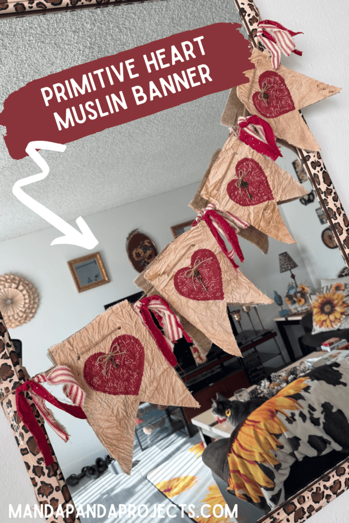 Primitive Style Valentines Day Heart Garland or banner with coffee stained muslin, deep red hearts, skeleton key embellishments and red homespun fabric DIY Decor