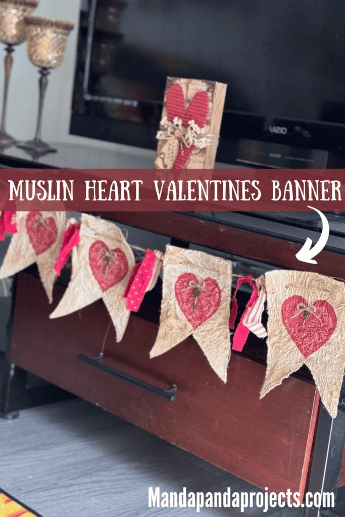Primitive Style Valentines Day Heart Garland or banner with coffee stained muslin, deep red hearts, skeleton key embellishments and red homespun fabric DIY Decor