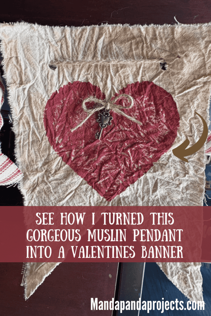 Muslin Pendant with deep red heart and skeleton key with twine bow.