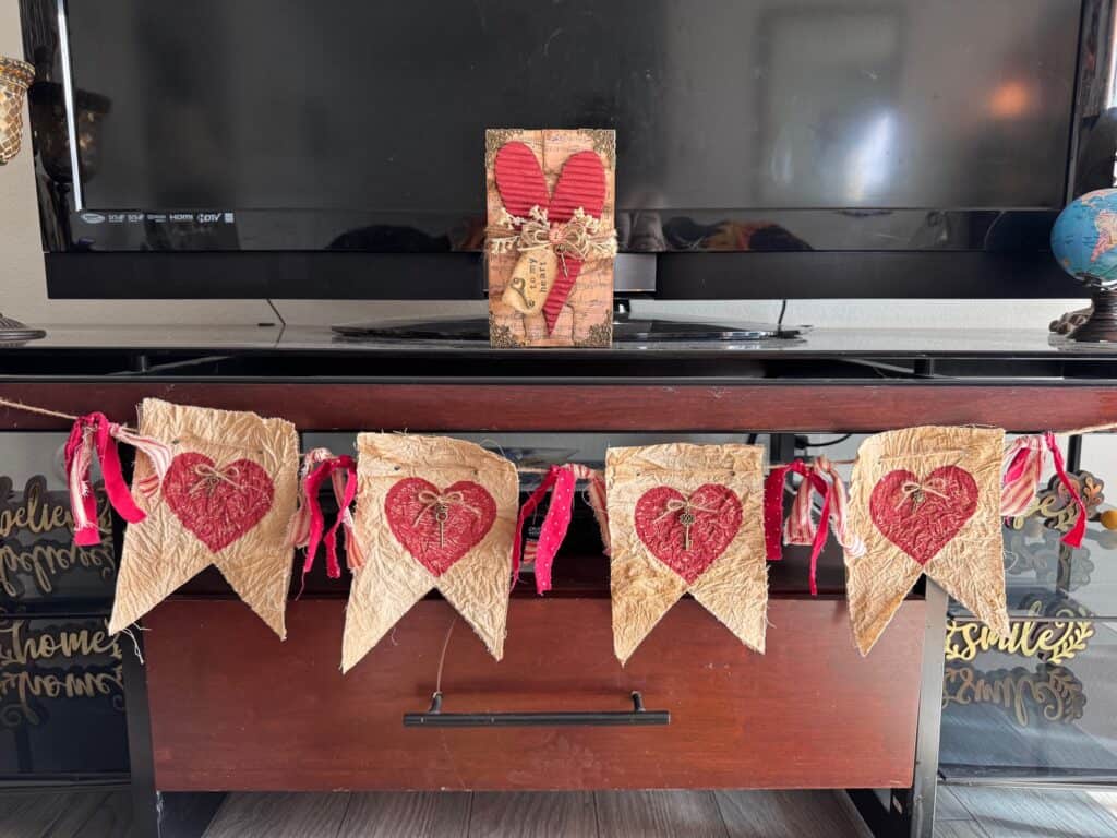 Primitive Style Valentines Day Heart Garland or banner with coffee stained muslin, deep red hearts, skeleton key embellishments and red homespun fabric DIY Decor