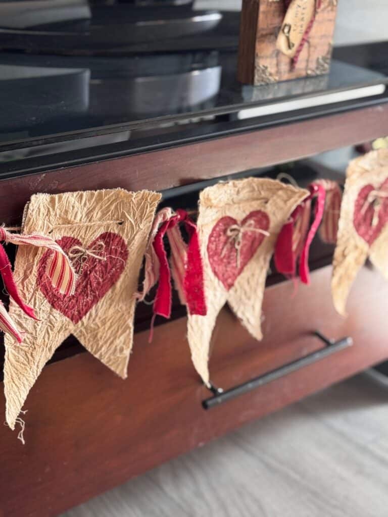 Primitive Style Valentines Day Heart Garland or banner with coffee stained muslin, deep red hearts, skeleton key embellishments and red homespun fabric DIY Decor